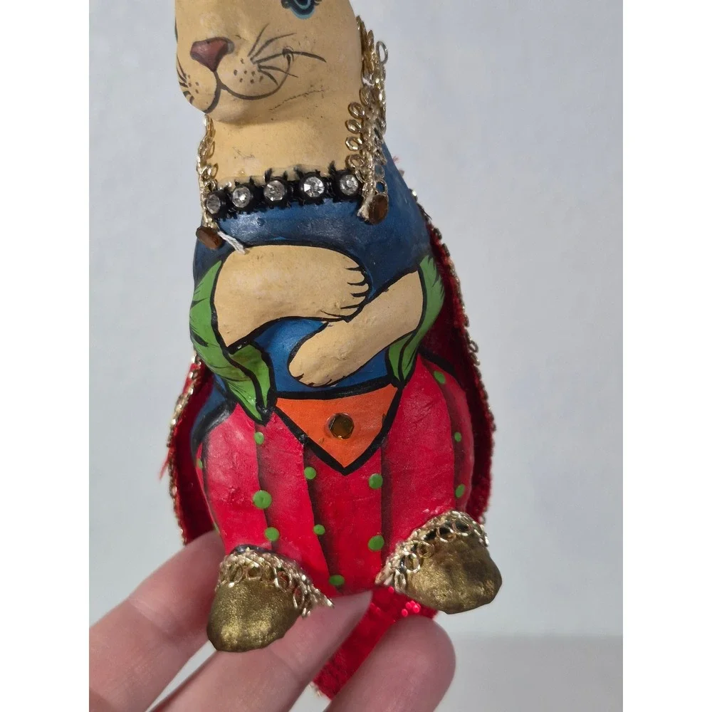 Vtg Hand Painted Papier Mache Bunny Rabbit Ornament Red Cape Rhinestone Collar